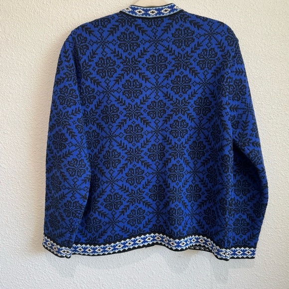L.L. Bean Cardigan Sweater Blue Norwegian Fair Isle Cotton Snowflake Nordic L - Picture 8 of 8